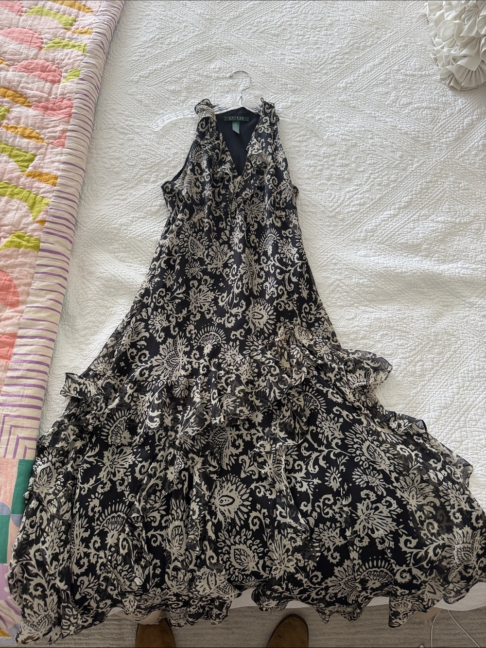 Lauren Ralph Lauren Black and Cream Floral Ruffle Maxi Dress